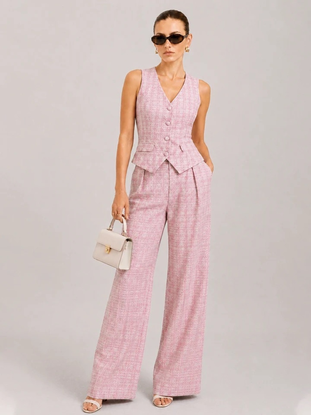 Commense 2 piece Sleeveless Pink Tweed Vest & Wide-Leg Pants Set